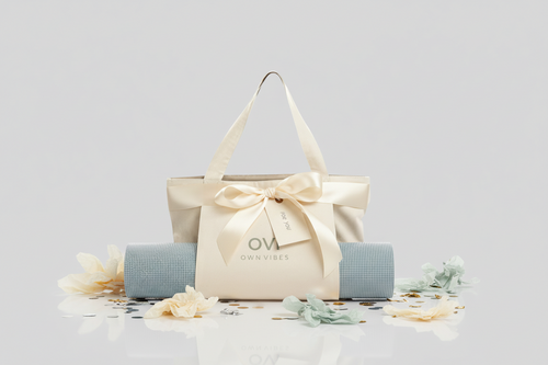 Beige tote bag with a blue yoga mat on a light gray background